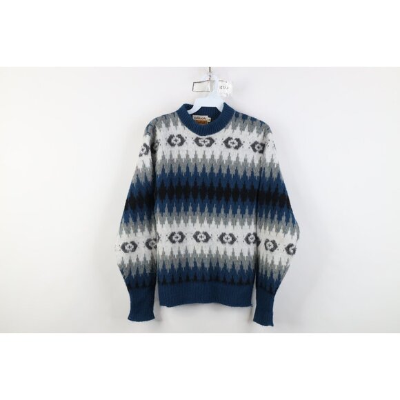 Vintage 50s Streetwear Mens Size Small Shag Knit Fair Isle Crewneck Sweater USA